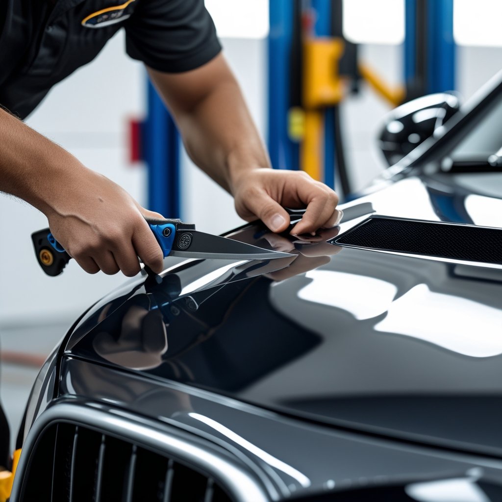 Vehicle wrap installer working with a knife blade