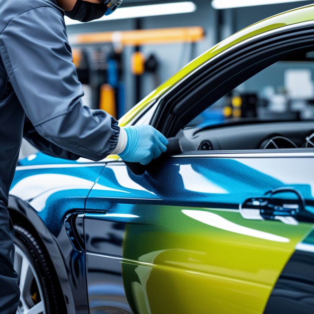 Vehicle wrap installer working on a vinyl wrap on a car