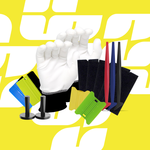 Set of install tools including a white glove, colorful clips on a yellow and white abstract background.