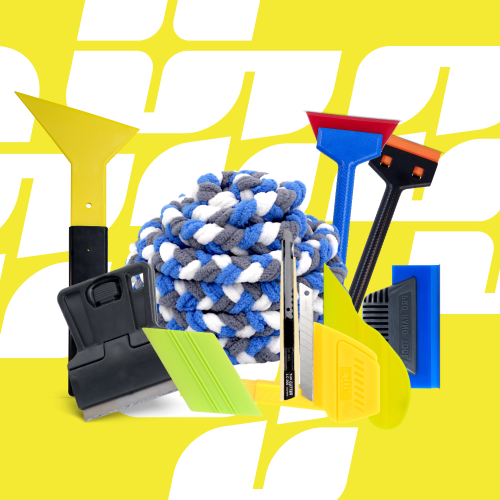 Collection of car maintenance items including a rope, sponges, and scrapers on a yellow background with text.