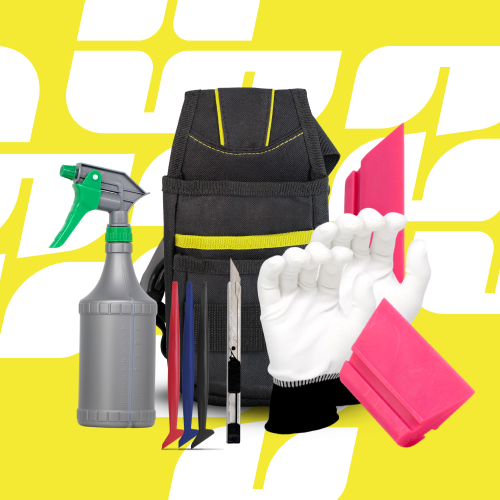 Set of cleaning tools including a spray bottle, gloves, and various cleaning implements on a yellow background.