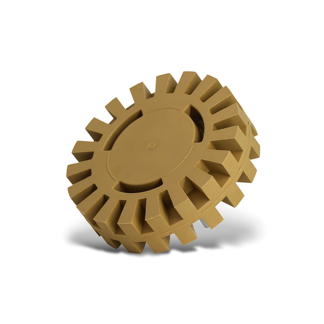 Caramel eraser wheel for removing decals and adhesive without damaging paint.