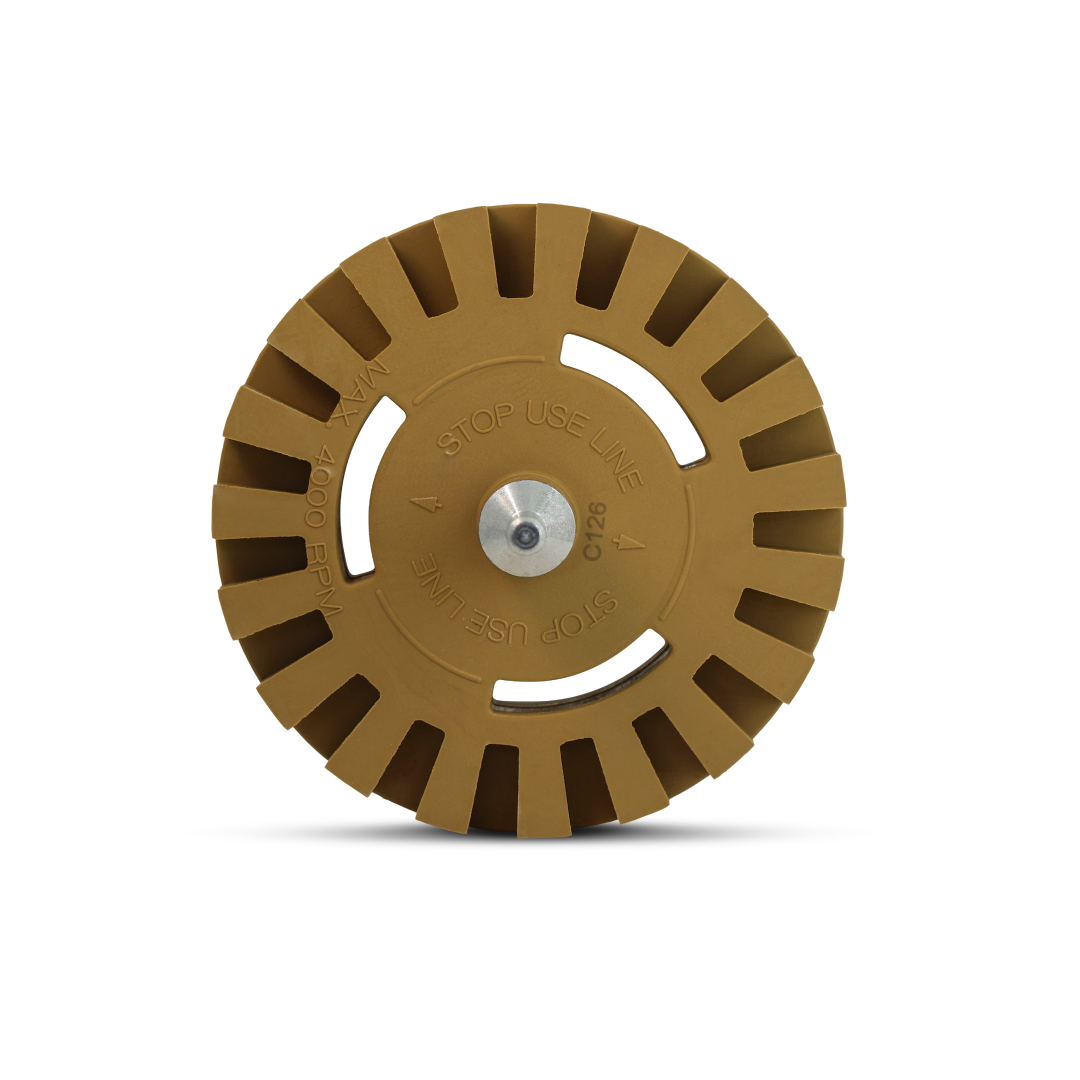 Caramel eraser wheel for removing decals and adhesive without damaging paint.
