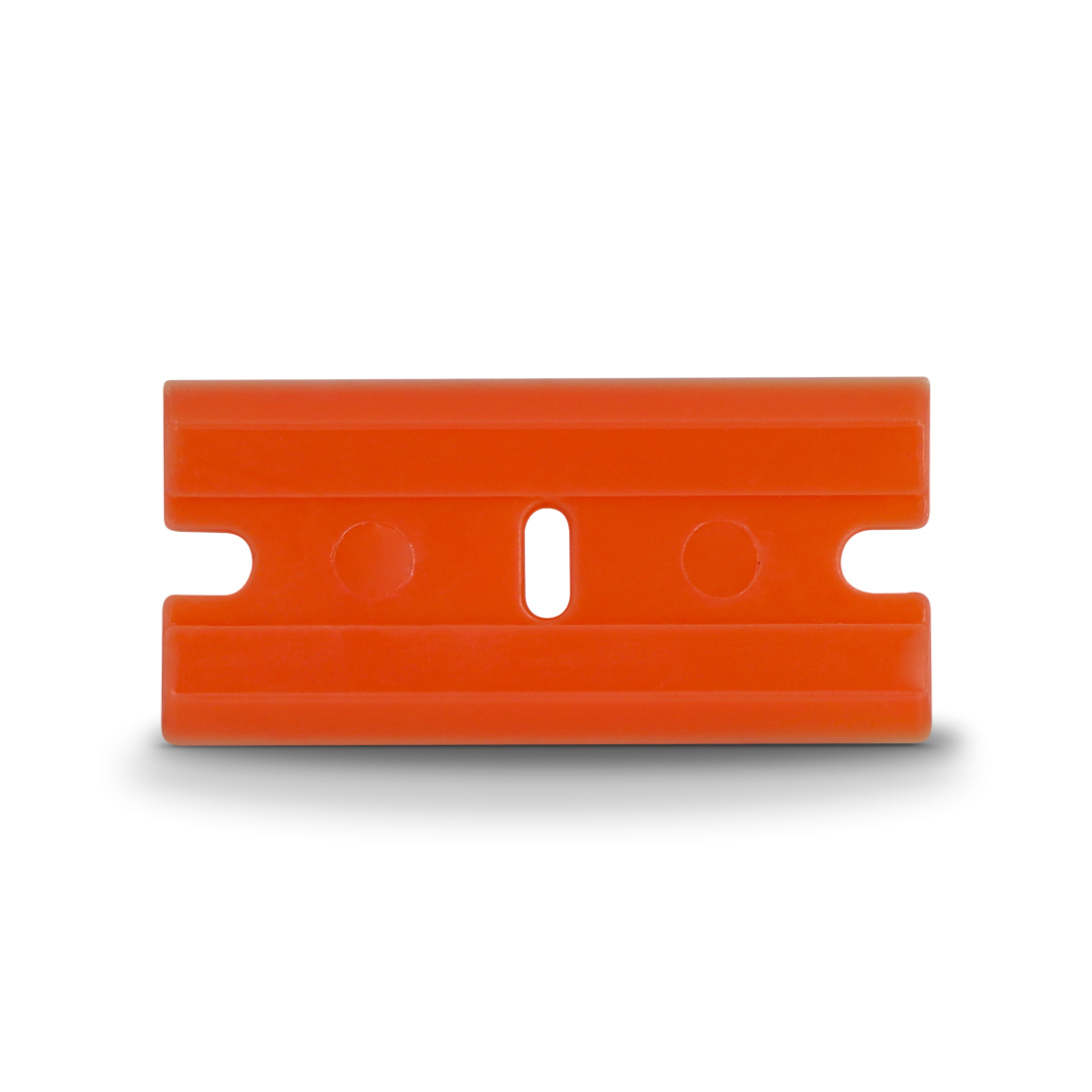 Double-edged plastic razor blade for safe surface scraping.