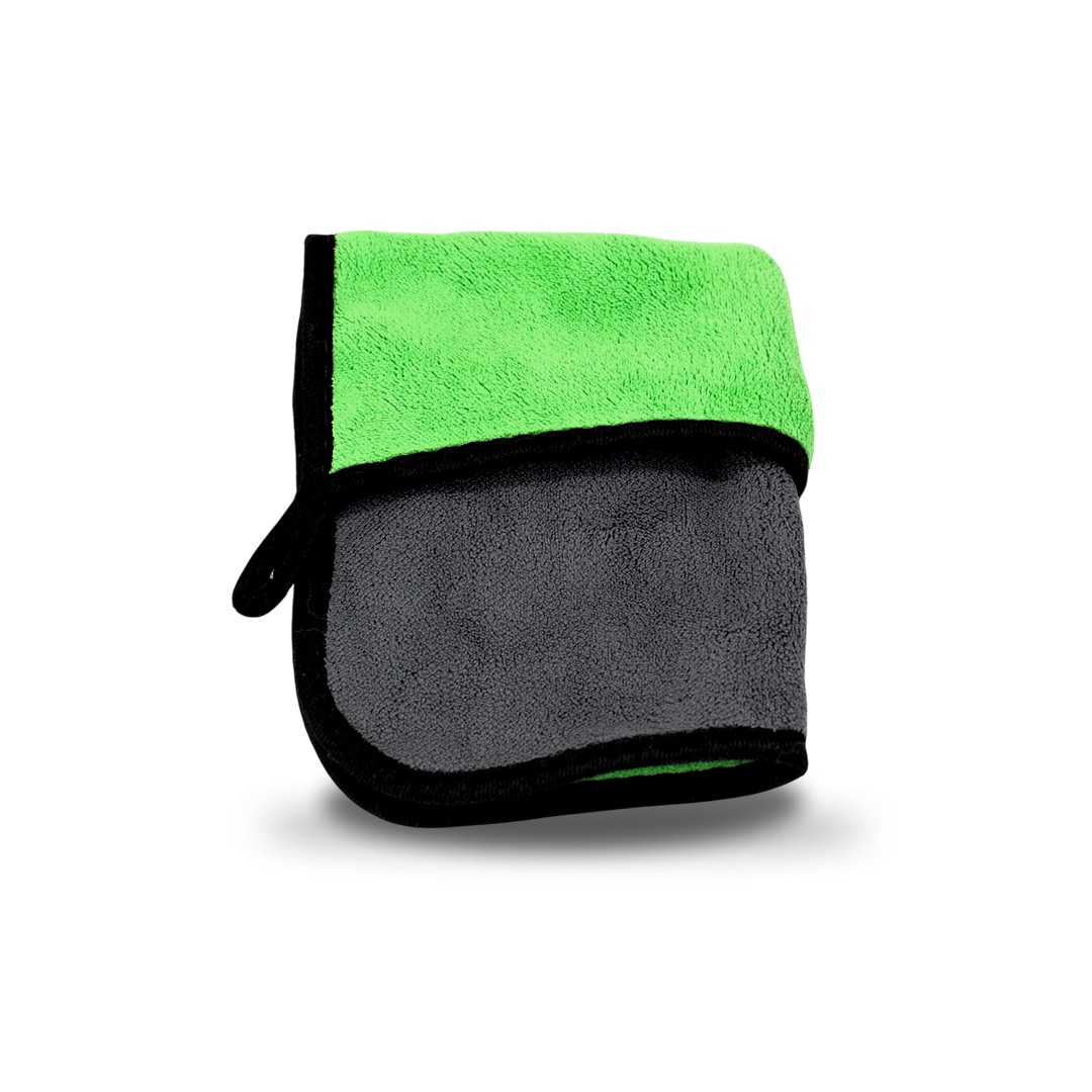 Soft microfiber towel for cleaning, drying and buffing vehicle surfaces.
