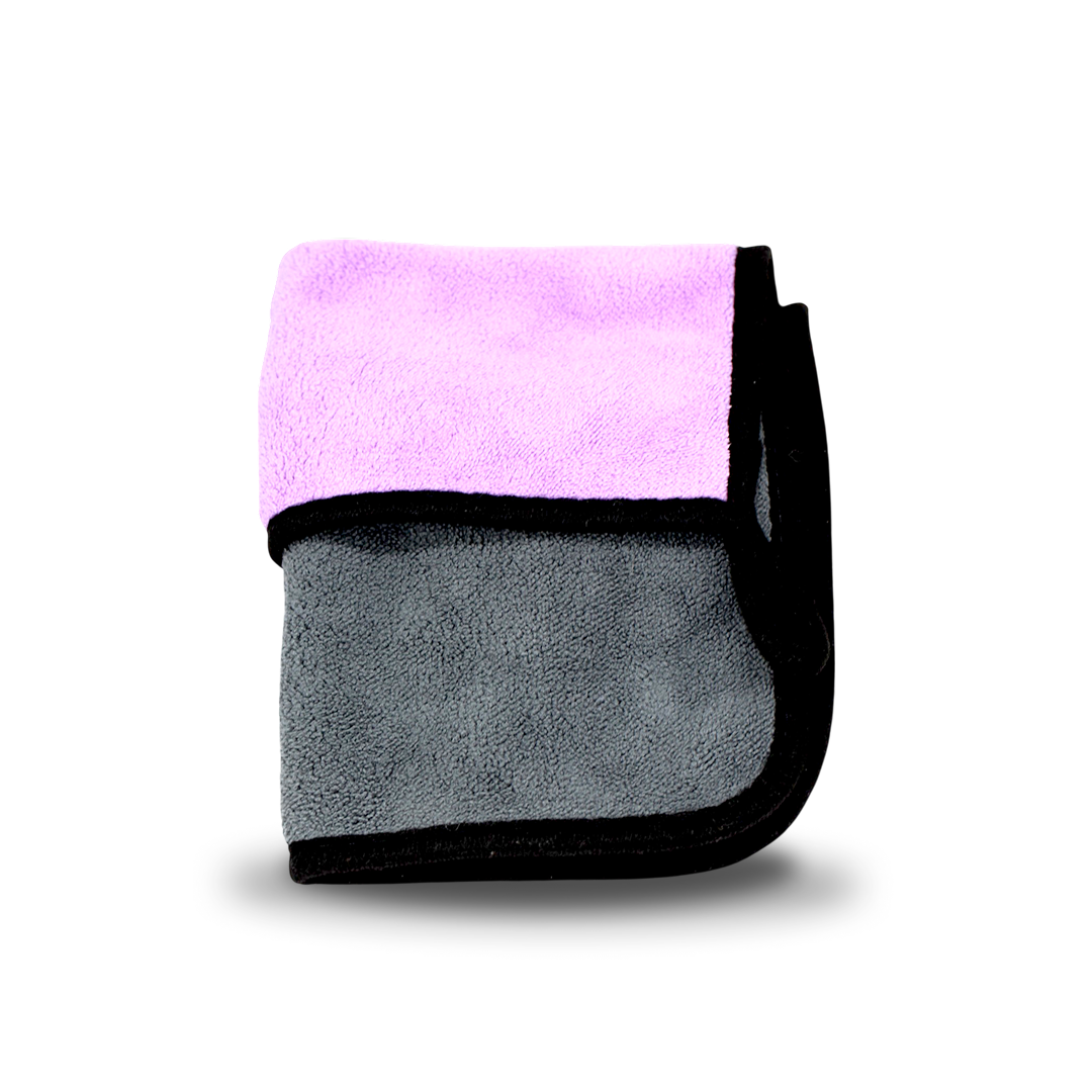 Soft microfiber towel for cleaning, drying and buffing vehicle surfaces.
