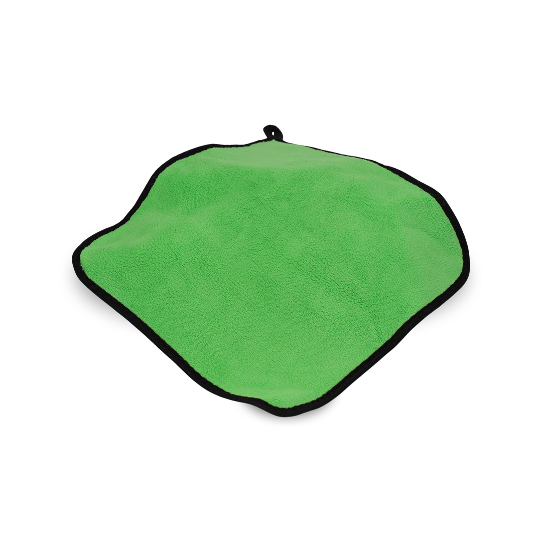 Soft microfiber towel for cleaning, drying and buffing vehicle surfaces.