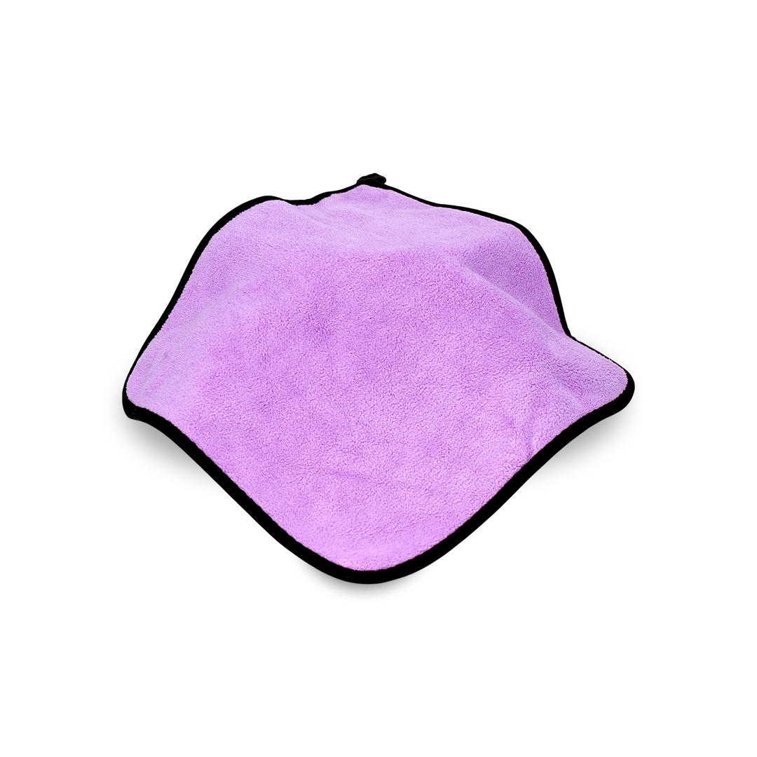Soft microfiber towel for cleaning, drying and buffing vehicle surfaces.