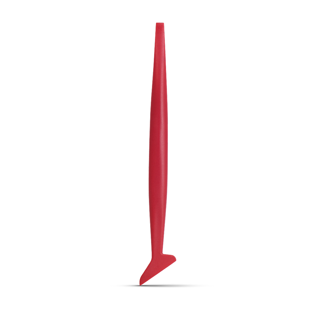 Plastic edge tucking tool for secure vinyl fitting.