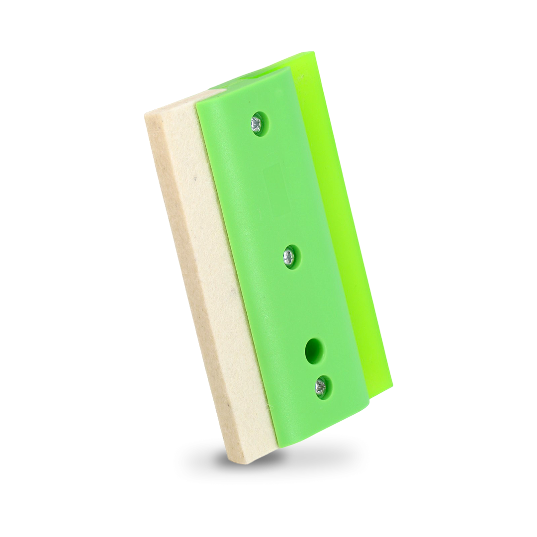 Green squeegee with double-sided felt and rubber edges for dual-use.