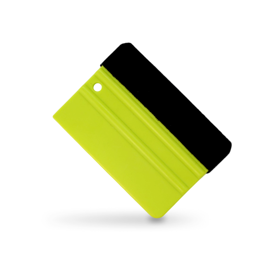 Green vinyl wrap squeegee with soft felt buffer for scratch-free application.