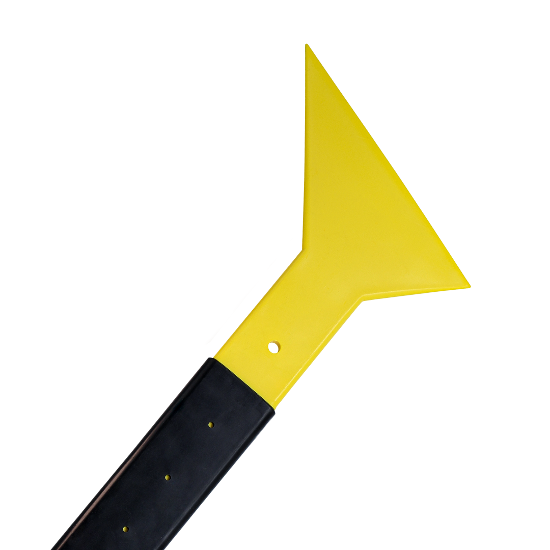 Yellow long-handled squeegee for extended reach during application.