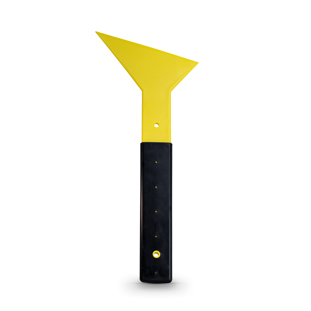 Yellow long-handled squeegee for extended reach during application.