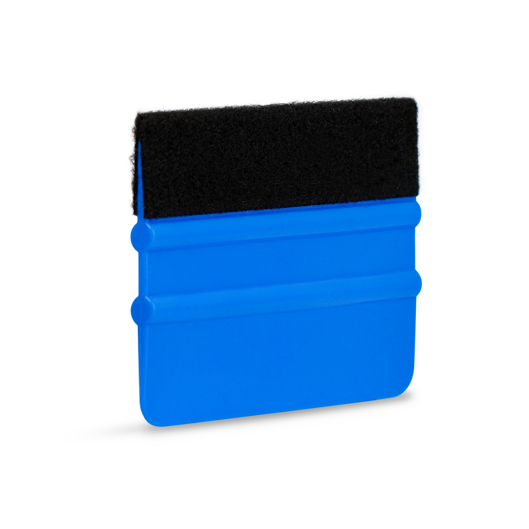 Blue squeegee tool with felt edge buffer for car wrapping.