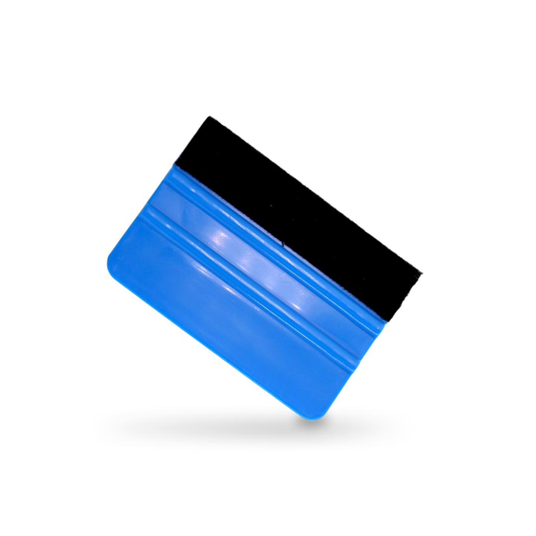 Blue squeegee tool with felt edge buffer for car wrapping.