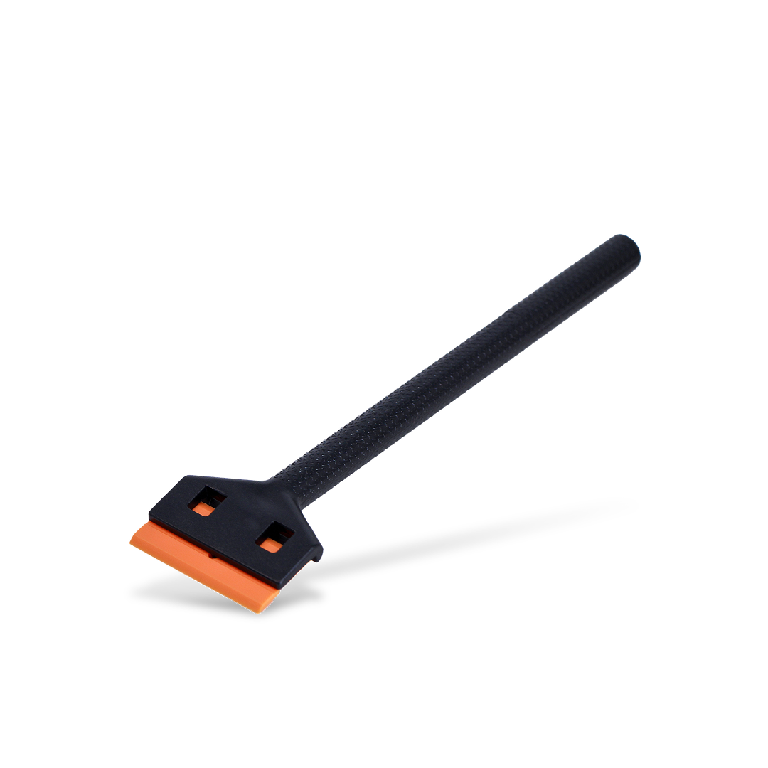 Long handle scraper with replaceable plastic blade for decal and tint removal.