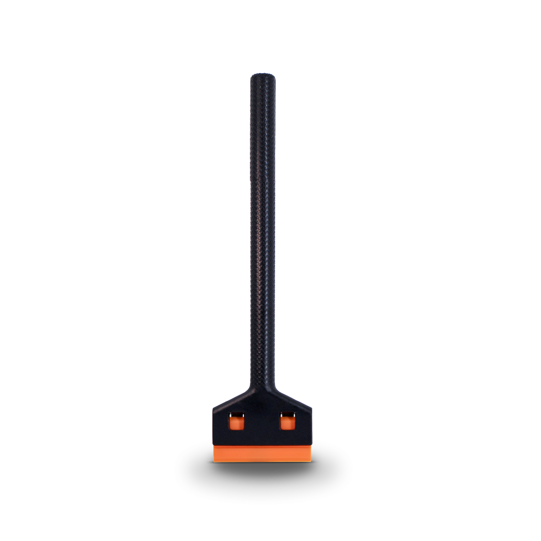 Long handle scraper with replaceable plastic blade for decal and tint removal.