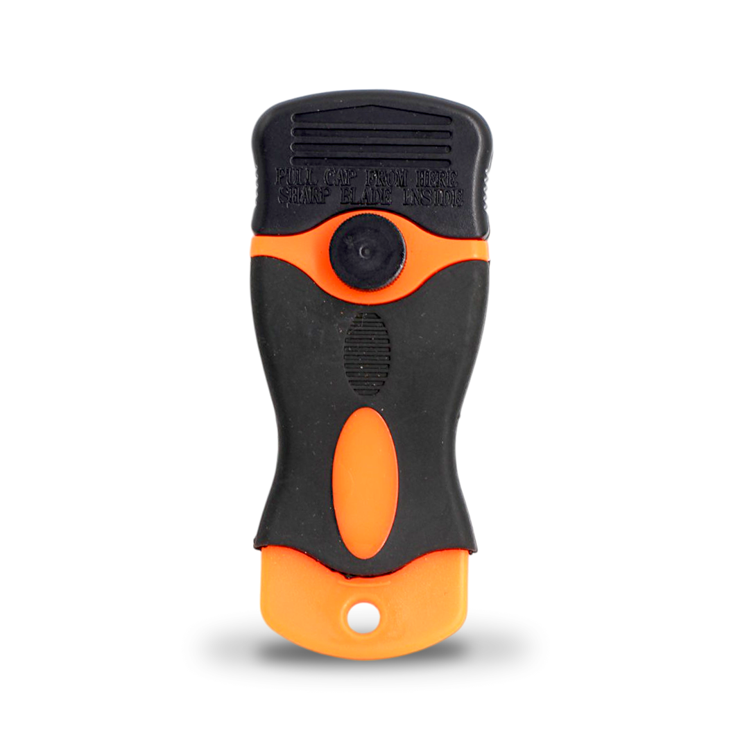 Handheld razor blade scraper for removing adhesive and film.