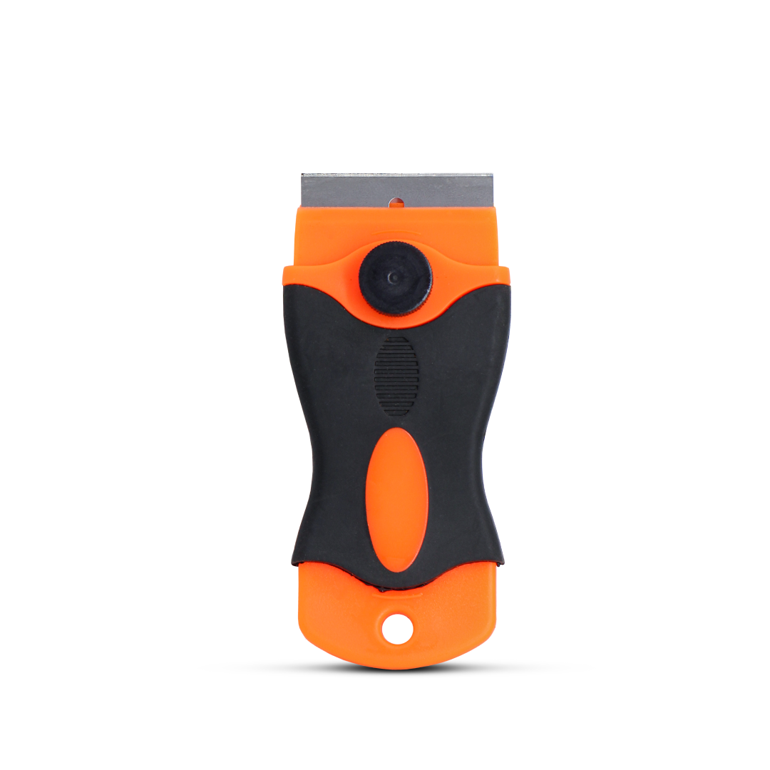 Handheld razor blade scraper for removing adhesive and film.
