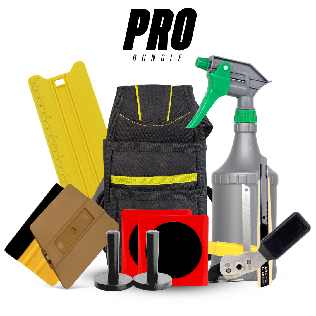 Signage tool bundle with weeding tools, measuring tape, squeegees, gloves, and cutter for vinyl and graphics installs.