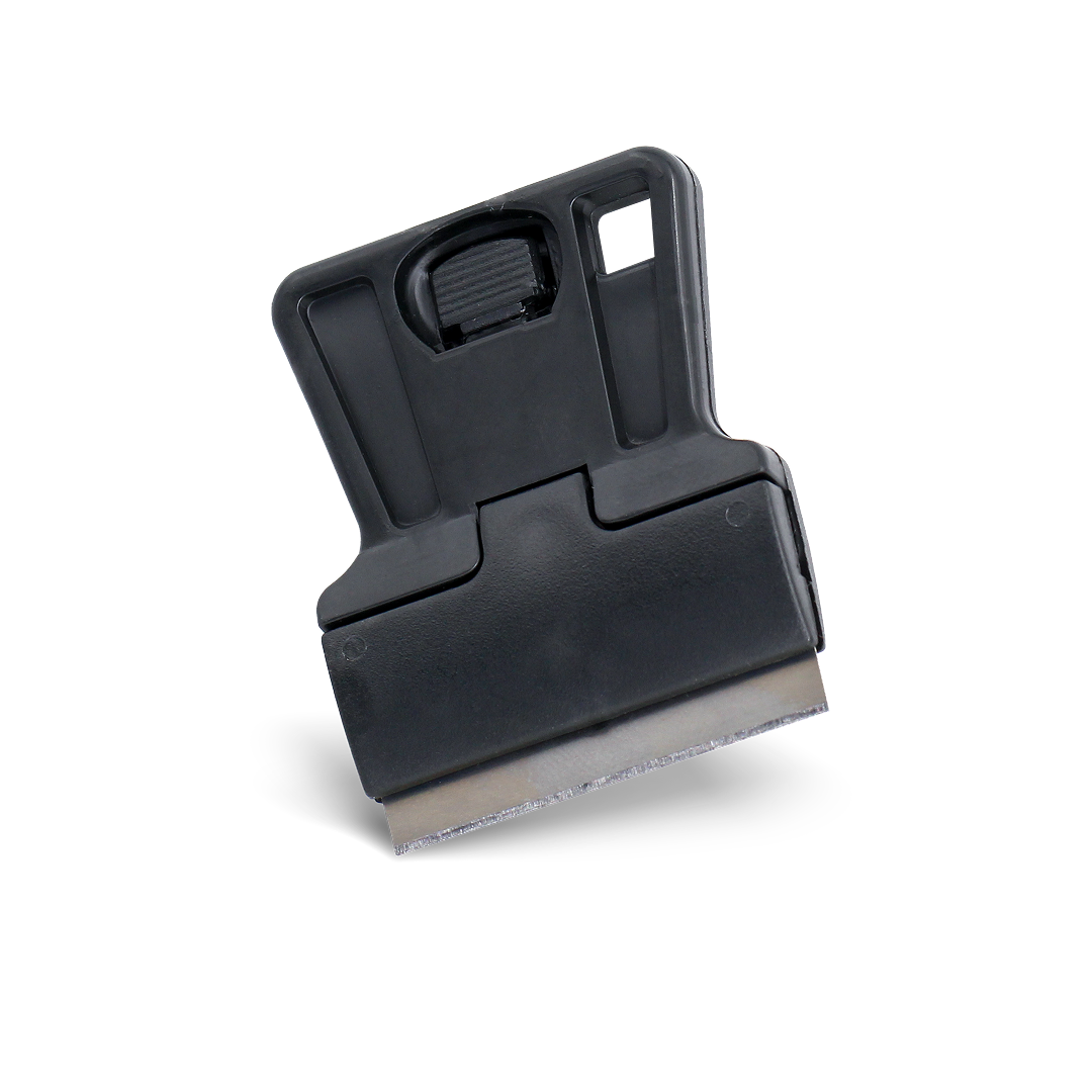 Black razor blade scraper with ergonomic grip for decal and tint removal.