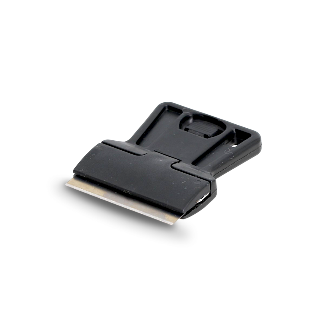 Black razor blade scraper with ergonomic grip for decal and tint removal.