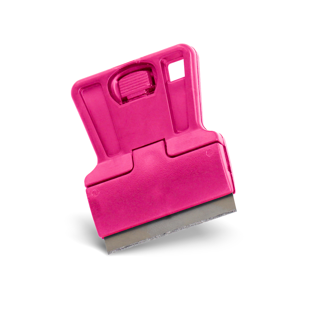 Pink razor scraper tool for precise removal of vinyl and tint.