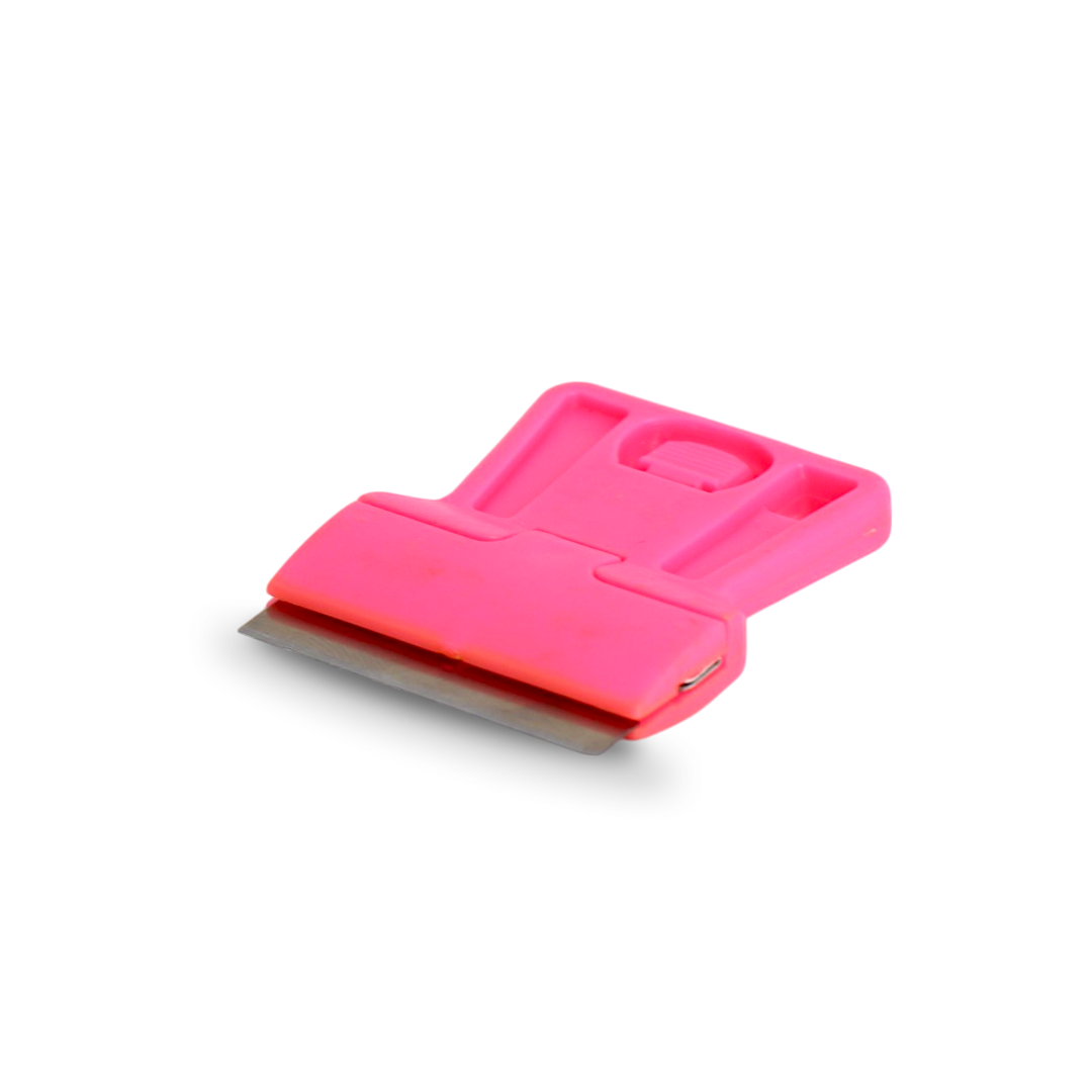 Pink razor scraper tool for precise removal of vinyl and tint.
