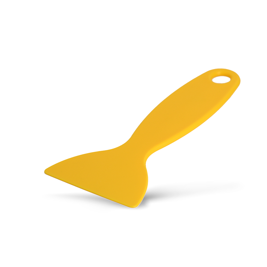 Yellow scraper for safe removal of stickers and vinyl.