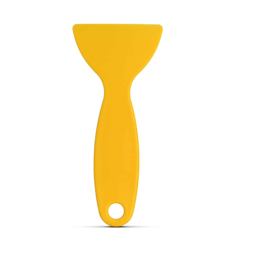 Yellow scraper for safe removal of stickers and vinyl.