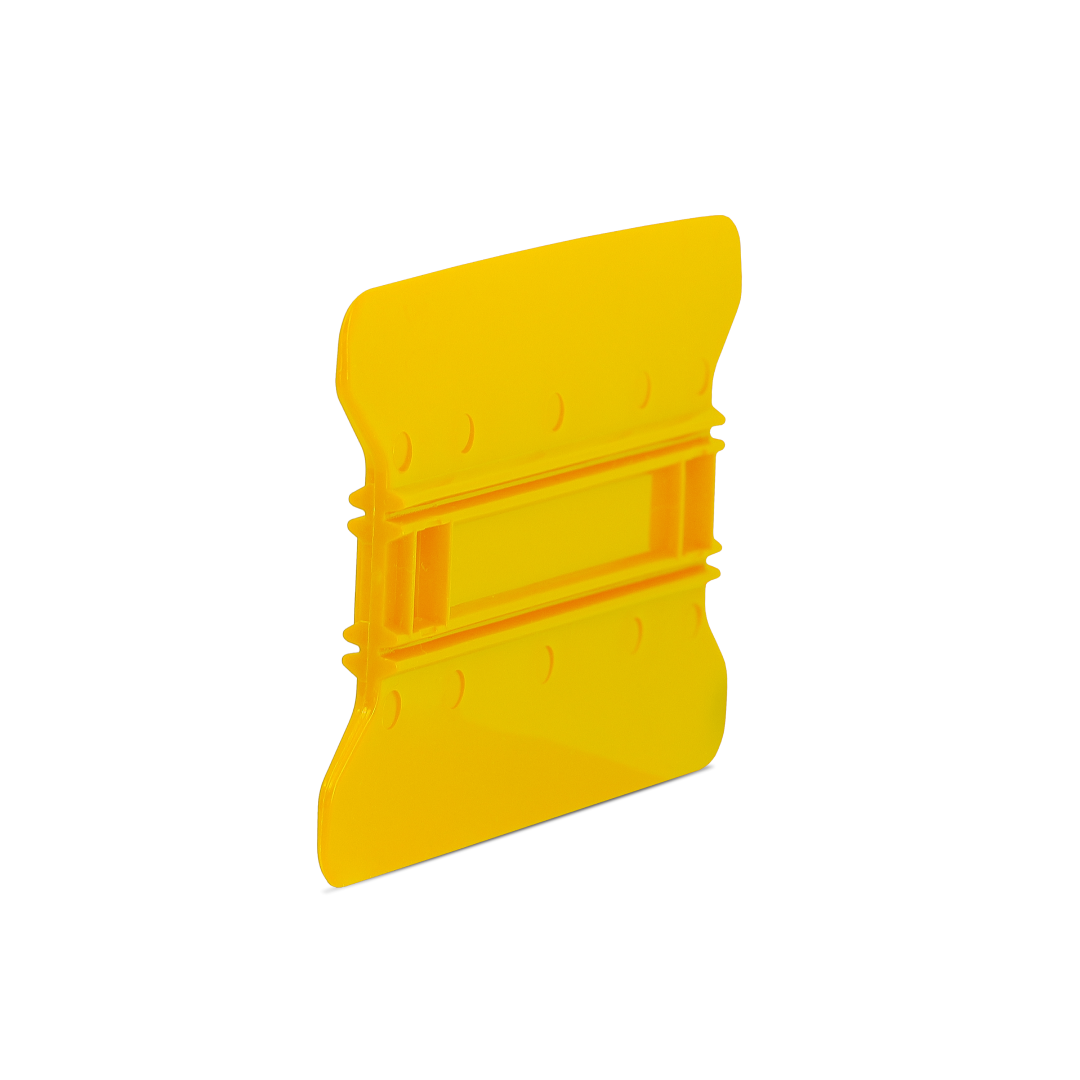 Yellow squeegee with hard flex and wing edges for tight corners.