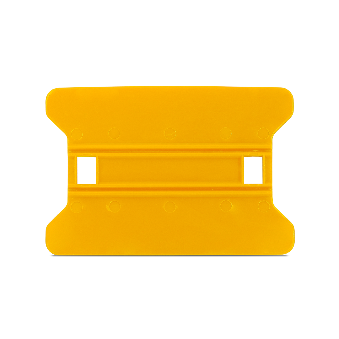 Yellow squeegee with hard flex and wing edges for tight corners.